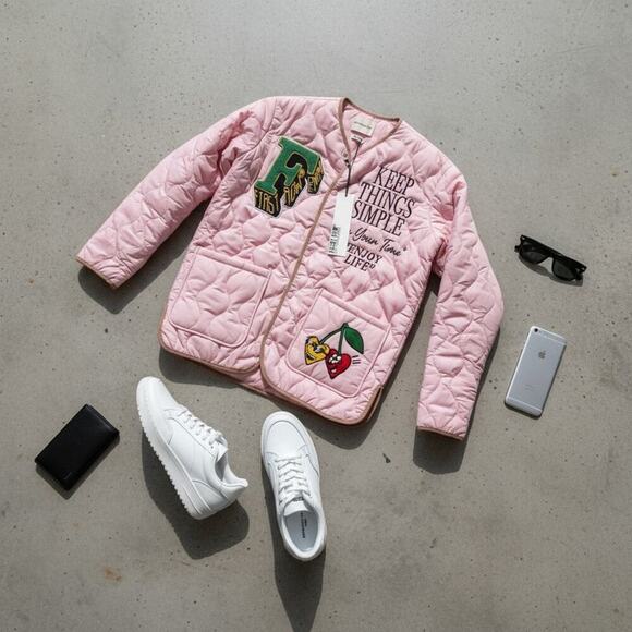 NWT First Row Denim "Keep Things Simple" Pink Quilted Jacket Enjoy Life – Small - Picture 12 of 12